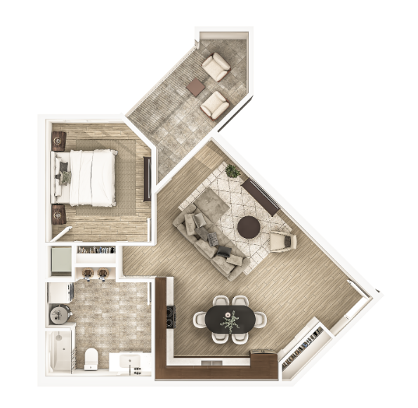 Floor plan for 1 bed, 1 bath, 807 sqft